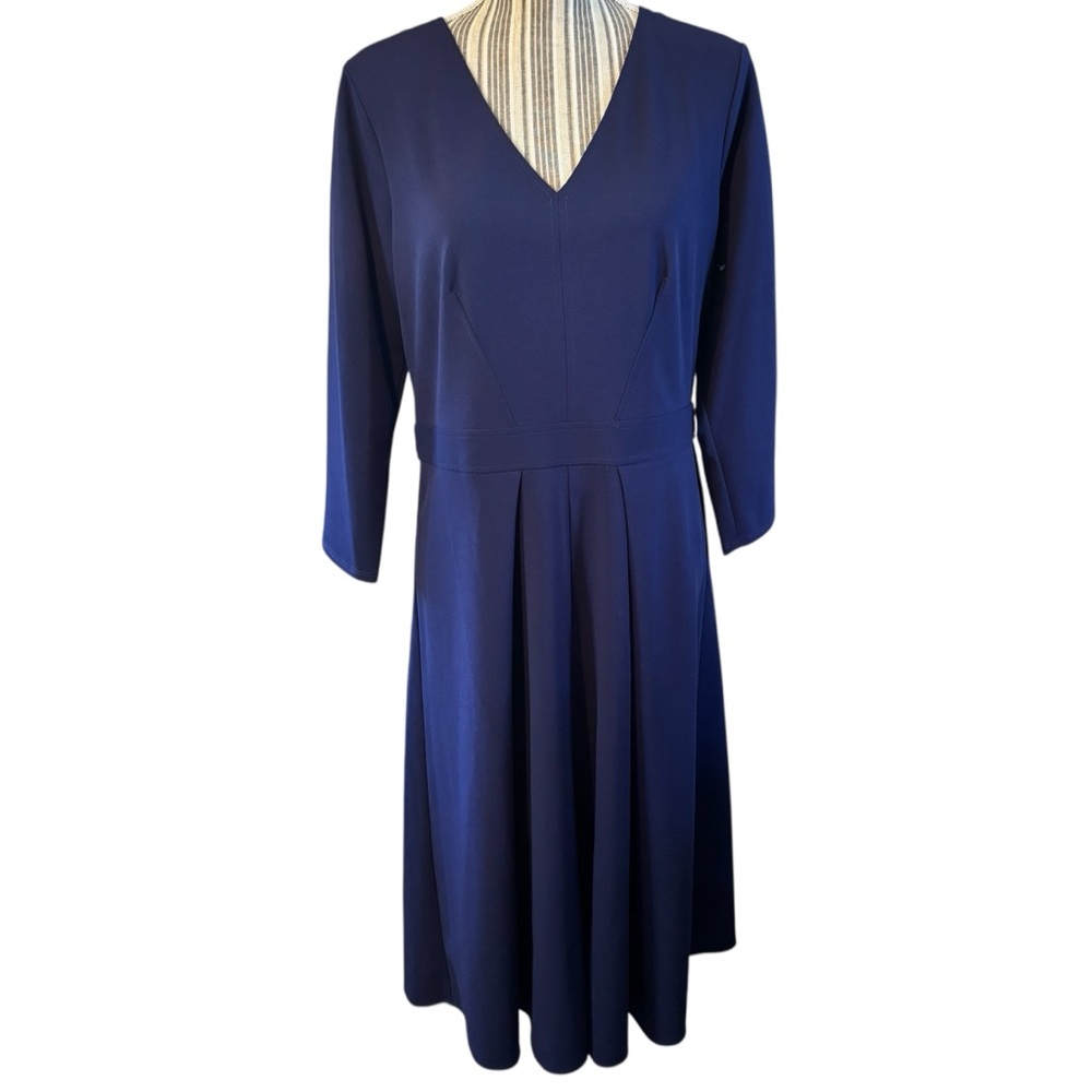 NEW London Times Dress Sz 12 Deep Blue Midi 3/4 Sleeve V-Neck Back Zip Wedding